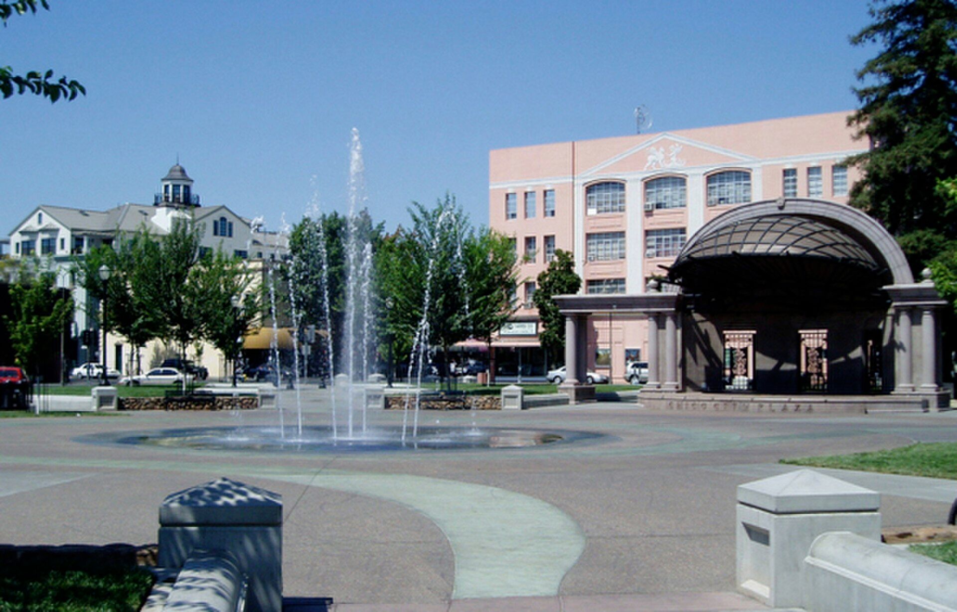 Commercial buildings around City Plaza in downtown Chico, California