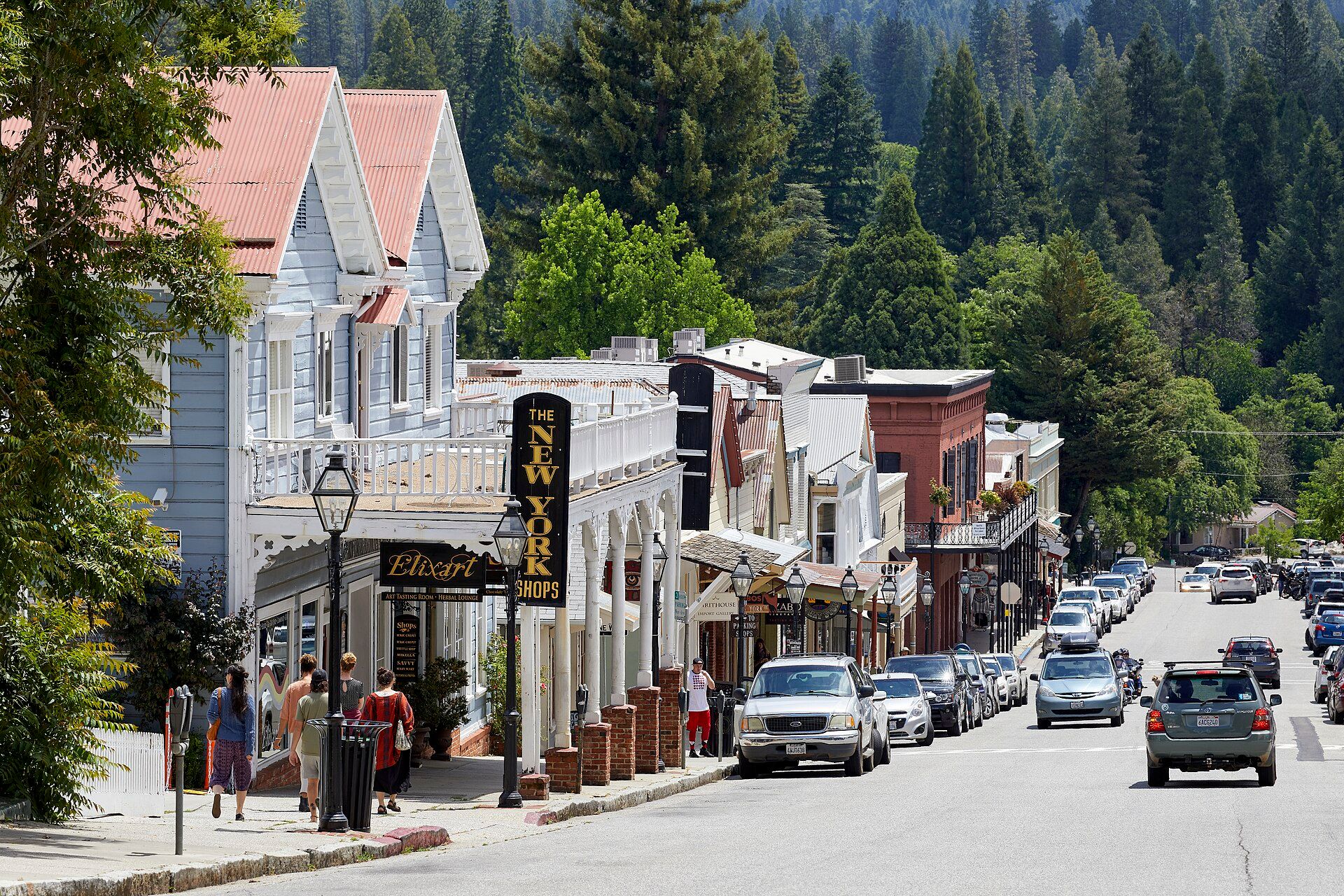 Historic commercial buildings along Broad Street in downtown Nevada City, California